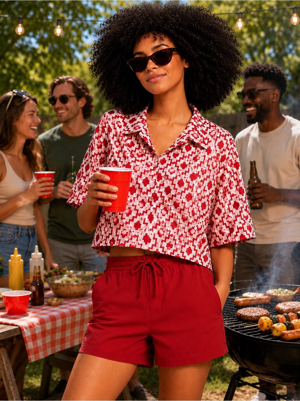 Shade & Shore Red and White Geometric Button Down Shirt
